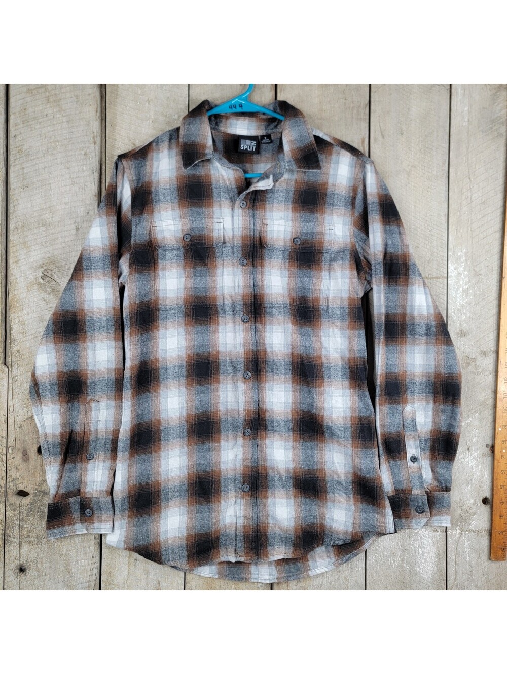 Split Mens Flannel Shirt Small Plaid Button Front Long Sleeve Brown Gray Black